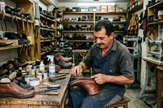 Profissional aplicando tratamento de impermeabilização em um sapato.
