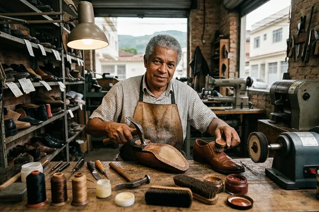 Profissional demonstrando cuidados essenciais para a manutenção de calçados.