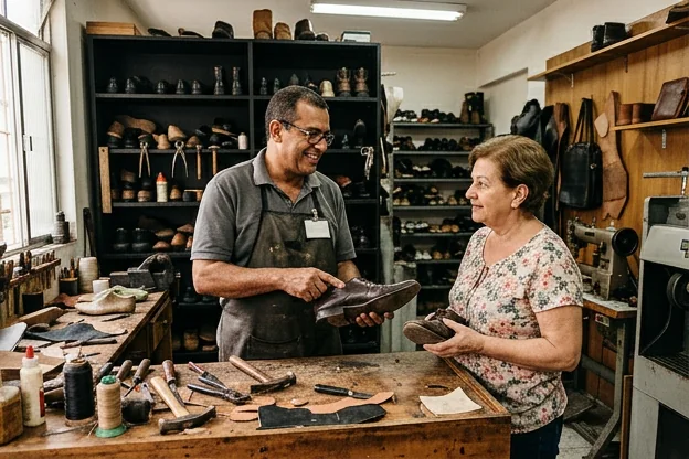 Profissional explicando escolhas de serviços a um cliente em ambiente de sapateiro.