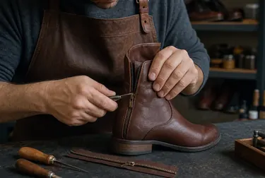 Profissional reparando um zíper de bota em um ambiente de trabalho.